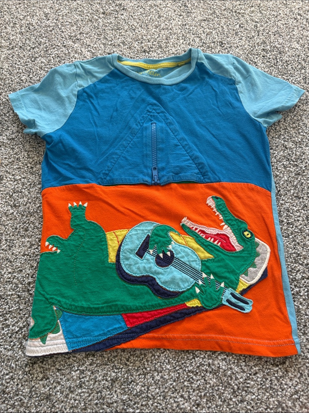 Mini Boden Blue & Orange Crocodile Guitar Appliqué Tee size 7/8